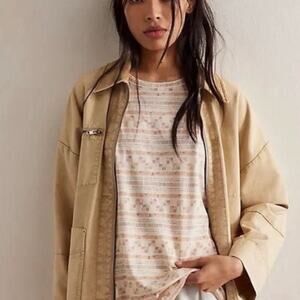 🆕FREE PEOPLE We The Free Nina Printed Taupe Tee SZ S NWOT